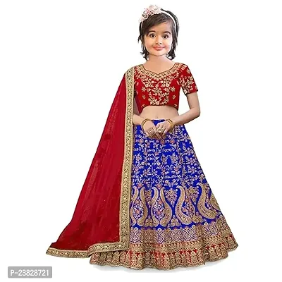 Femisha Creation Girls Taffeta Satin Latest Embroidered Lehenga Choli With Dupatta Set (5-6 Years, Blue)-thumb0