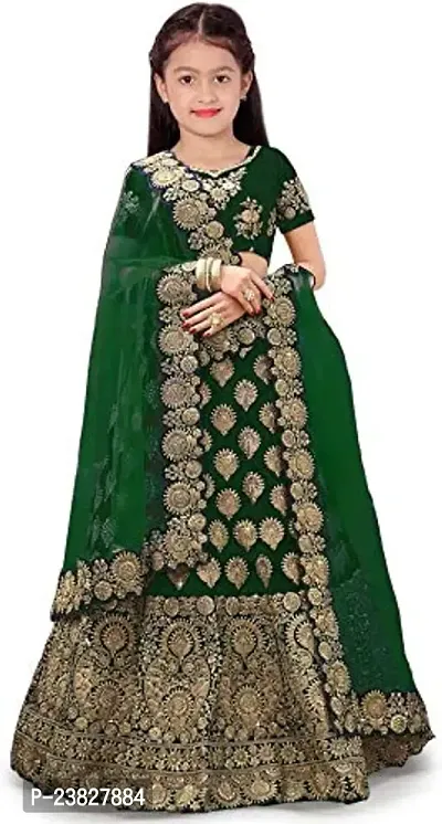 Femisha Creation Taffeta Satin Girls Lehenga Choli (12-13 Years, Green)