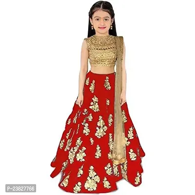 Femisha Creation Taffeta Satin Girls Lehenga Choli (9-10 Years, Red)