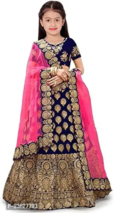 Femisha Creation Taffeta Satin Girls Lehenga Choli(13-14 Years, Navy Blue)-thumb0