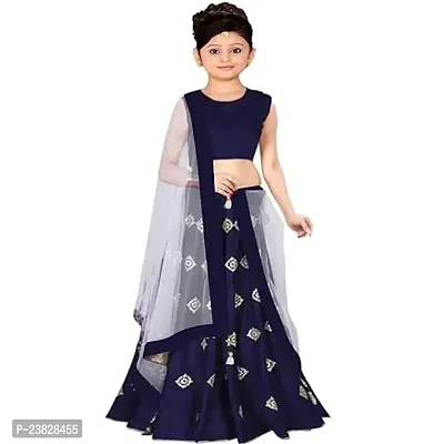 Femisha Creation Girls Satin Designer Lehenga Choli (3-4 Years, Navy Blue)-thumb0