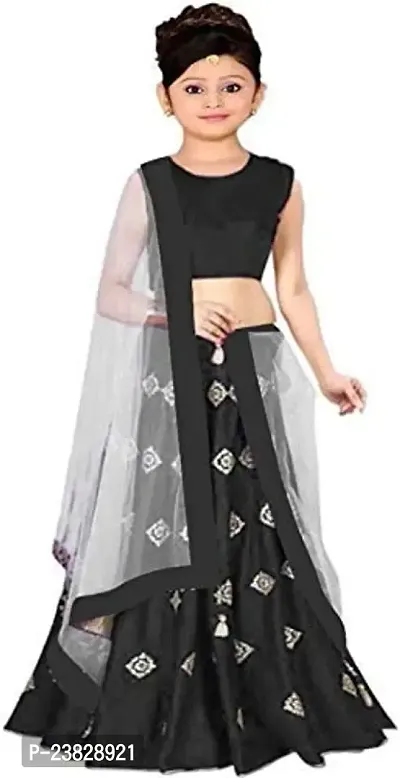 Femisha Creation Girl's Silk Semi-Stitched Lehenga Choli (3-4 Years, Black)-thumb0