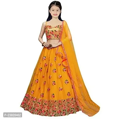 Femisha Creation Girls Satin Flower Work Lehenga Choli (9-10 Years, Yellow)