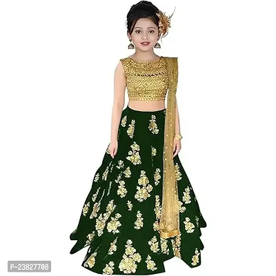 Femisha Creation Taffeta Satin Girls Lehenga Choli (9-10 Years, Green)