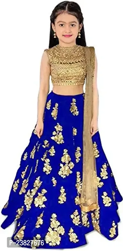 Femisha Creation Taffeta Satin Girls Lehenga Choli (3-4 Years, Royal Blue)-thumb0