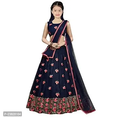 Femisha Creation Girls Satin Flower Work Lehenga Choli (13-14 Years, Navy Blue)