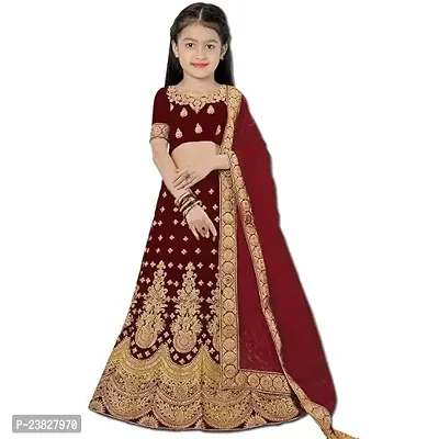 Femisha Creation Taffeta Satin Kids Girls Lehenga Choli (13-14 Years, Maroon)