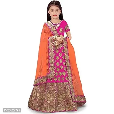 Femisha Creation Girl's Embroidered Taffeta Satin Party Wear Semi-Stitched girl's Lehenga Choli (13-14 Years, Pink)