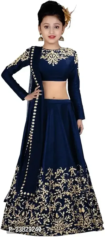 Femisha Creation New Girls Taffeta Satin Semi-stitched Lehenga Choli (8-9 Years, Blue)-thumb0