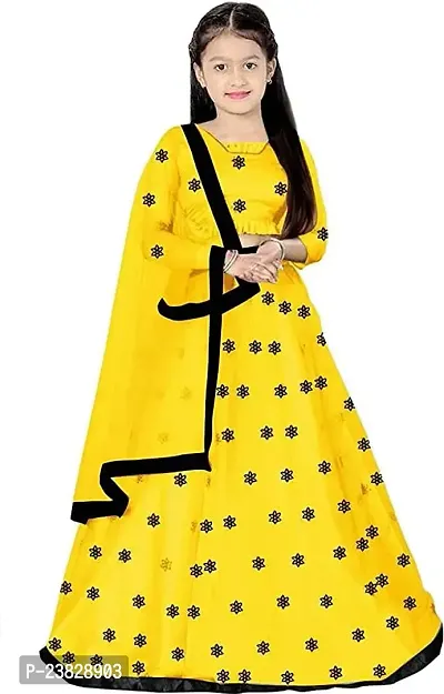 Femisha Creation Kids Net Embrodaried Semi Stitched Lehenga Choli With Dupatta (11-12 Years, Yellow)-thumb0