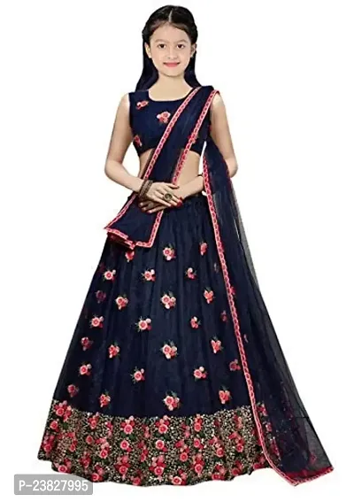 Femisha Creation Girl's Silk Semi Stitched Lehenga Choli (FC_K_Alexa_Navy Blue_7 Years-8 Years)-thumb0