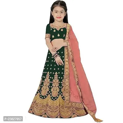 Femisha Creation Taffeta Satin Kids Girls Lehenga Choli (13-14 Years, Green)-thumb0