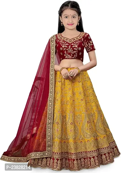 Femisha Creation Girls Satin Lehenga Choli (9-10 Years, Yellow)-thumb0