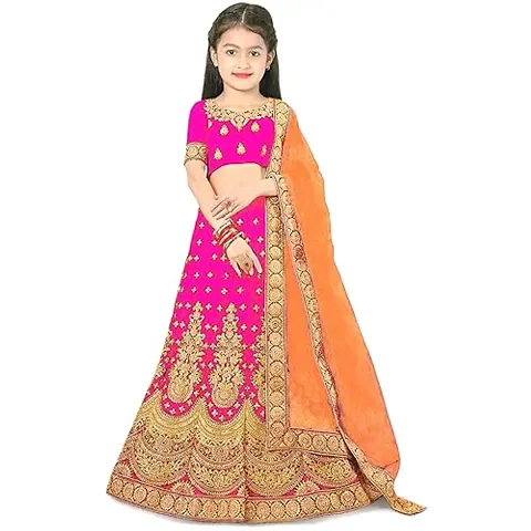 Femisha Creation Taffeta Satin Kids Girls Lehenga Choli (8-9 Years, Pink)