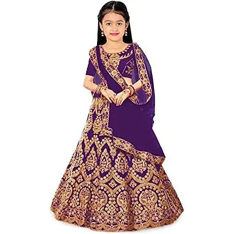 Femisha Creation Girls Taffeta Satin Heavy Embroidered Lehenga Choli (4-5 Years, Purple)