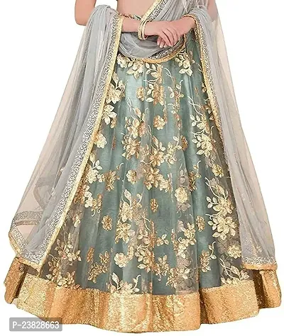 Femisha Creation Girls Net With Satin Flower Embroidered Lehenga Choli (9-10 Years, Grey)-thumb2