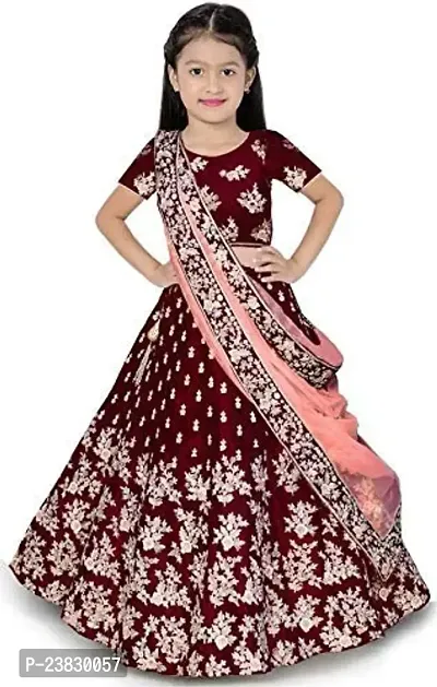 Femisha Creation Girls Embroidered Lehenga, Choli and Dupatta Set (3-4 Years, Maroon)