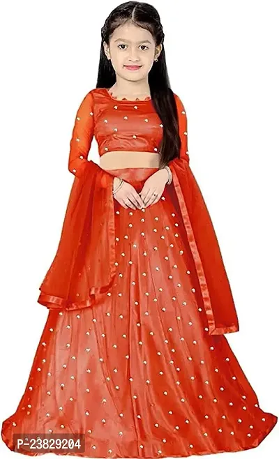 Femisha Creation Girl's Net Semi-Stitched Lehenga Choli Width Dupatta (7-8 Years, Red)-thumb0