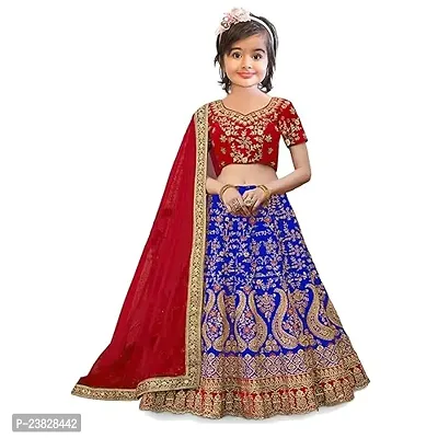 Femisha Creation Girls Taffeta Satin Latest Embroidered Lehenga Choli With Dupatta Set (10-11 Years, Blue)-thumb0