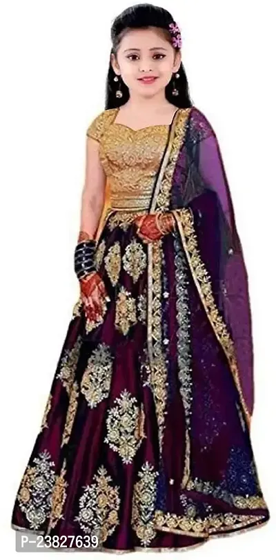 Femisha Creation Girls' Taffeta Satin Semi-Stitched Lehenga Choli (K_Wine_Butto_Wine_Free Size)-thumb2