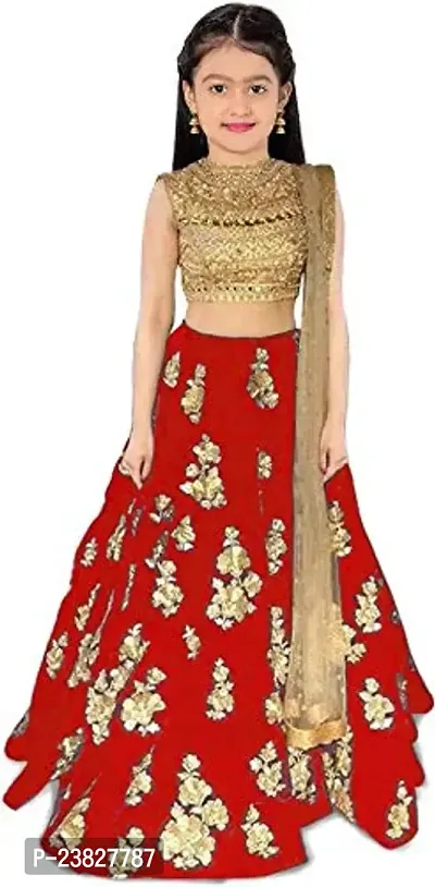 Femisha Creation Taffeta Satin Girls Lehenga Choli (11-12 Years, Red)