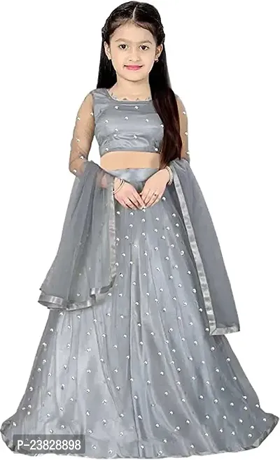 Femisha Creation Girl's Net Semi-Stitched Lehenga Choli Width Dupatta (5-6 Years, Grey)