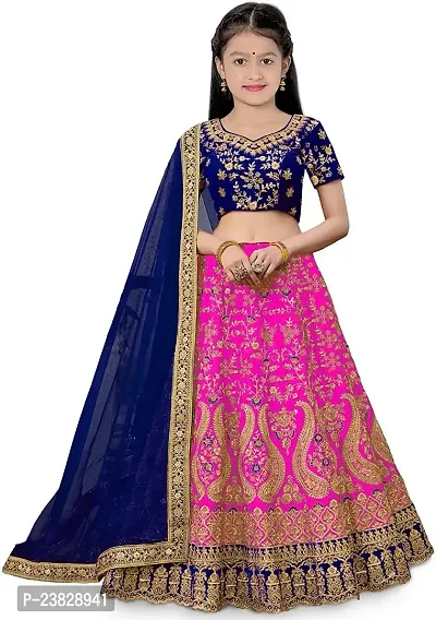 Femisha Creation Girls Taffeta Silk Semi-Stitched Lehenga Choli For Embroidered Worked and Net Dupatta (4-5 Years, Pink)-thumb0