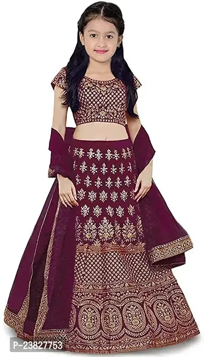 Femisha Creation Satin Kids Girls Lehenga Choli (10-11 Years, Purple)