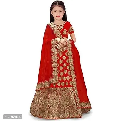 Femisha Creation Taffeta Satin Girls Lehenga Choli(6-7 Years, Red)-thumb0