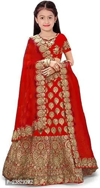 Femisha Creation Taffeta Satin Silk kids lehenga choli Semi stitch and Net Dupatta (13-14 Years, Red)-thumb0