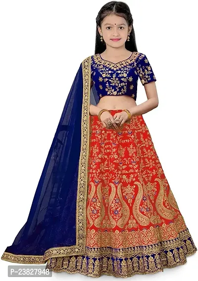 Femisha Creation Girls Satin Lehenga Choli (5-6 Years, Red)-thumb0