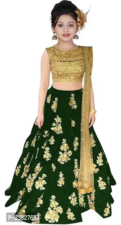 Femisha Creation Taffeta Satin Girls Lehenga Choli (11-12 Years, Green)