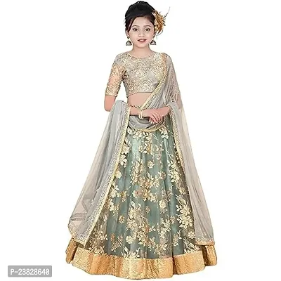 Femisha Creation Girls Net With Satin Flower Embroidered Lehenga Choli (6-7 Years, Grey)