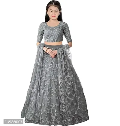 Femisha Creation Girls Net Heavy Work Wedding Semi Stitched Lehenga Choli With Dupatta Set (9-10 Years, Grey)-thumb0