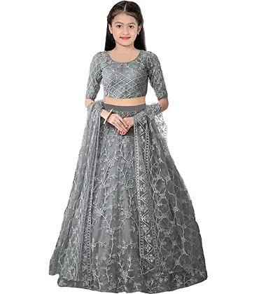 Femisha Creation Girls Net Heavy Work Wedding Semi Stitched Lehenga Choli With Dupatta Set (9-10 Years, Grey)