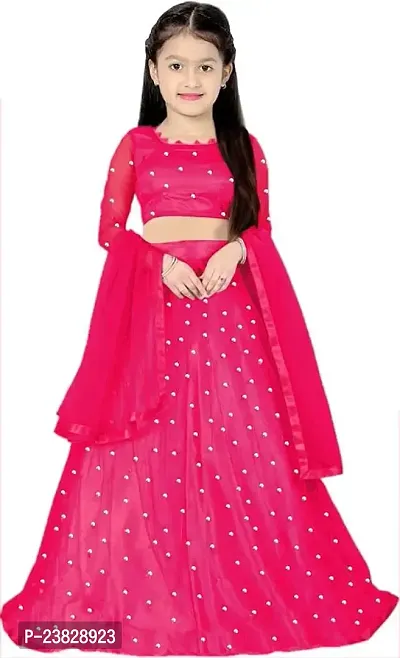 Femisha Creation Girl's Net Semi-Stitched Lehenga Choli Width Dupatta (10-11 Years, Pink)