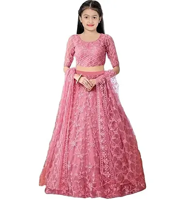 Femisha Creation Girls Net Heavy Work Wedding Semi Stitched Lehenga Choli With Dupatta Set (9-10 Years, Grey)