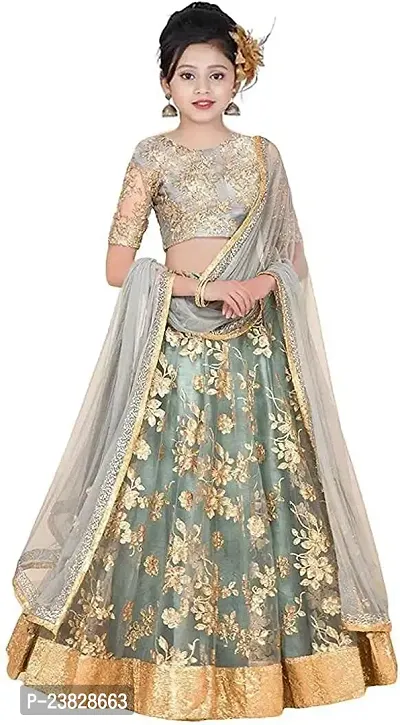 Femisha Creation Girls Net With Satin Flower Embroidered Lehenga Choli (9-10 Years, Grey)-thumb0