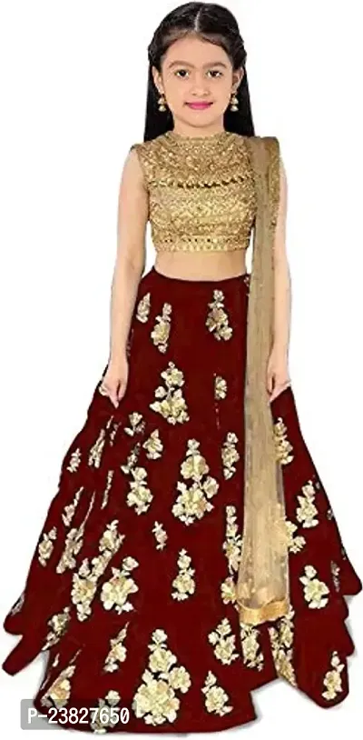 Femisha Creation Taffeta Satin Girls Lehenga Choli (7-8 Years, Maroon)-thumb0