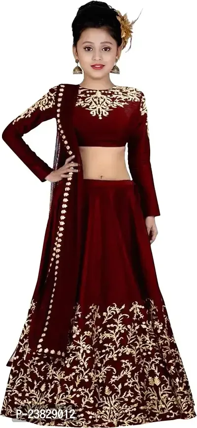 Femisha Creation New Girls Taffeta Satin Semi-stitched Lehenga Choli (3-4 Years, Maroon)-thumb0