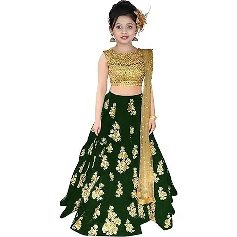 Femisha Creation Taffeta Satin Girls Lehenga Choli (5-6 Years, Green)