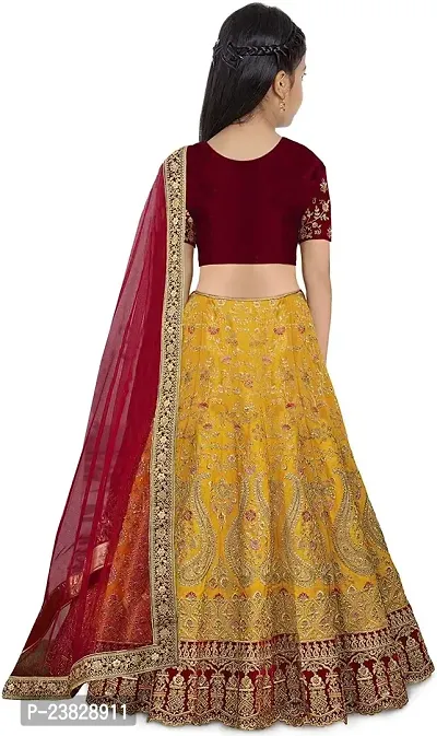 Femisha Creation Girls Taffeta Silk Semi-Stitched Lehenga Choli For Embroidered Worked and Net Dupatta (3-4 Years, Yellow)-thumb2