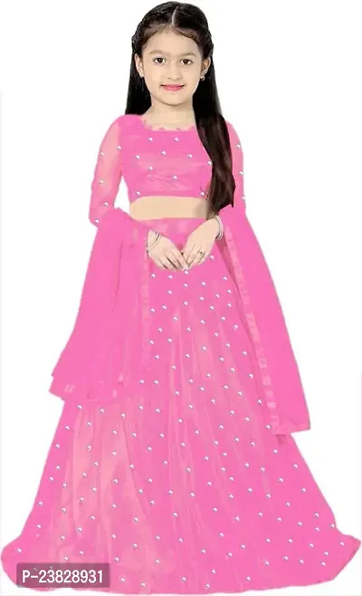 Femisha Creation Girl's Net Semi-Stitched Lehenga Choli Width Dupatta (10-11 Years, Baby Pink)-thumb0