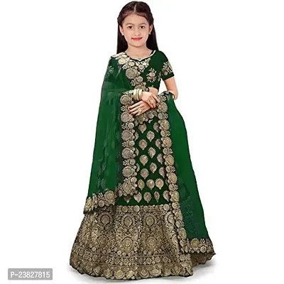 Femisha Creation Girl's Embroidered Taffeta Satin Party Wear Semi-Stitched girl's Lehenga Choli (5-6 Years, Green)