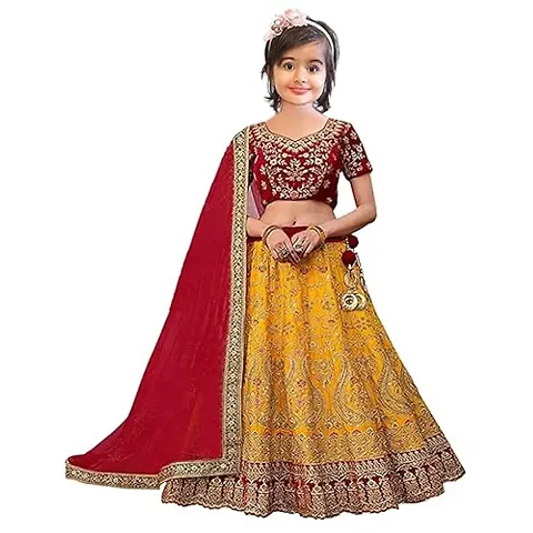 Femisha Creation Girls Taffeta Satin Latest Embroidered Lehenga Choli With Dupatta Set (2-3 Years, Yellow)