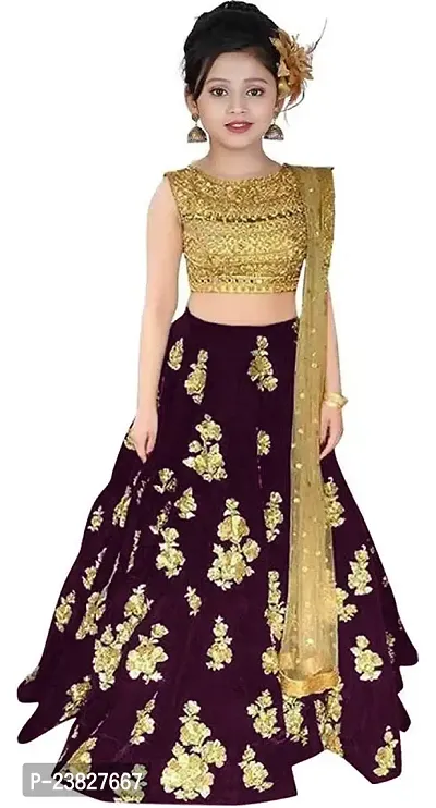 Femisha Creation Taffeta Satin Girls Lehenga Choli (8-9 Years, Purple)