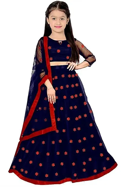 Harshiv Creation Net Simple Embroidered Girls Party Wear Semi Stitched Lehenga Choli_(Suitable To 3-15 Years Girls)