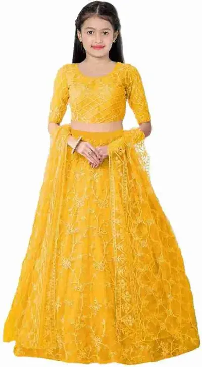 Stylish Net Embellished Lehenga, Choli And Dupatta Set For Girls