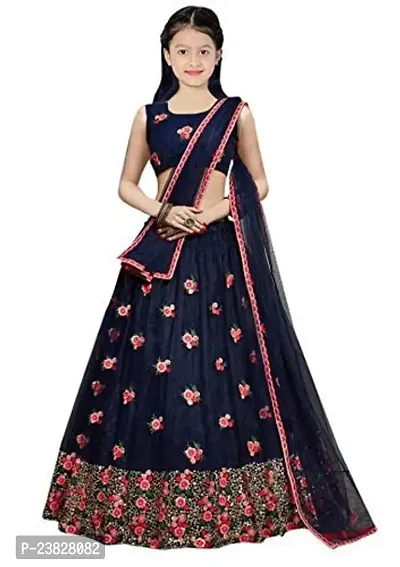 Femisha Creation Girls Satin Flower Work Lehenga Choli (9-10 Years, Navy Blue)-thumb0