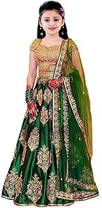 Femisha Creation Girl's Satin Semi-stitched Lehenga Choli (KIds_Green_Butto_Green_Free Size)-thumb1